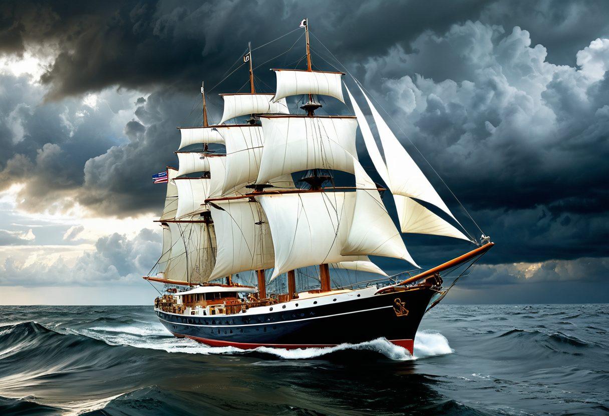 A majestic yacht sailing through turbulent waters, symbolizing risk, with a stormy sky overhead and calm sea in the distance. The yacht's sails are adorned with icons representing different insurance options, like shields and dollar signs. In the foreground, a compass and a nautical map signify navigation. The overall scene conveys a sense of adventure and caution. super-realistic. vibrant colors. dynamic composition.
