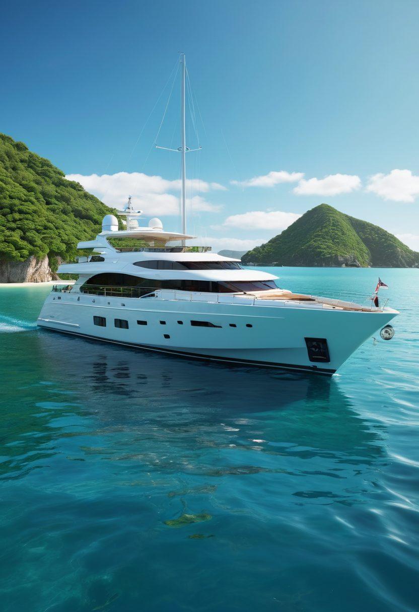 A luxurious yacht sailing on calm blue waters, surrounded by lush green islands and a clear sky. Include safety gear and insurance documents prominently displayed on the deck, symbolizing marine coverage. Incorporate a distant horizon with another yacht, showcasing community and adventure. The scene should exude tranquility and adventure combined. super-realistic. vibrant colors. 3D.