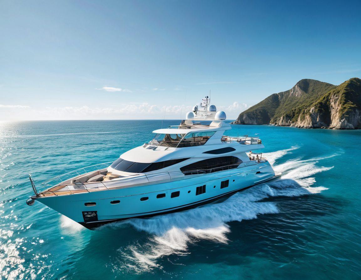 A luxurious yacht sailing smoothly on crystal-clear turquoise waters, surrounded by a scenic coastline. The image showcases a polished yacht with gleaming surfaces reflecting sunlight, while a serene sky in the background adds to the tranquility. Elements like insurance documents, a calculator, and a life buoy are subtly integrated into the scene, symbolizing protection and security. The composition conveys a sense of wealth and adventure, inviting readers to explore luxury vessel insurance. super-realistic. vibrant colors. 3D.